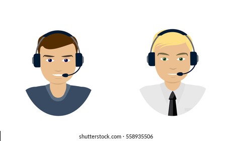 Set of  men telemarketer, call center operator, hot line, online support. Vector illustration icons isolated on white background in flat style