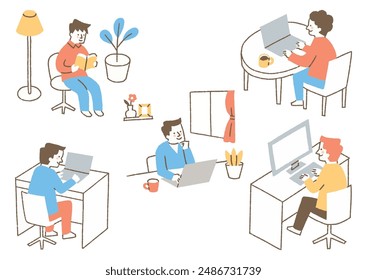 Set of men teleworking in their own room_Color