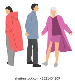  Conjunto de hombres y dos mujeres, diferentes colores, personaje de dibujos animados, grupo de siluetas de personas de negocios de pie, estudiantes, concepto de diseño de icono plano, aislado sobre fondo blanco