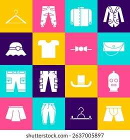 Set Men underpants, Balaclava, Clutch bag, T-shirt, Elegant women hat, Hanger wardrobe and Bow tie icon. Vector