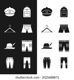 Set Men underpants, Hanger wardrobe, Police cap with cockade, Backpack, Oktoberfest hat, Short or, Pants and  icon. Vector