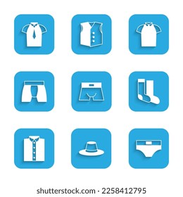 Set Men underpants, Man hat, Socks, Shirt, Polo shirt and  icon. Vector