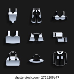 Set Homens cuecas, chapéu homem, camisa, cachecol de inverno, bolsa, camiseta, sutiã, sutiã e maiô ícone. Vetor