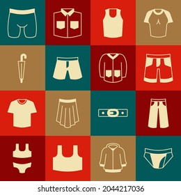 Set Men underpants, Pants, Short or, Undershirt, Umbrella, Cycling shorts and Sweater icon. Vector