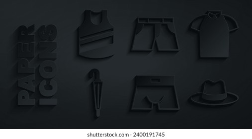 Set Men underpants, Polo shirt, Umbrella, Man hat, Short or and Undershirt icon. Vector