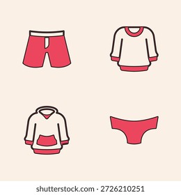 Conjunto de calzoncillos de hombre, corto o corto, suéter y sudadera con capucha icono. Vector