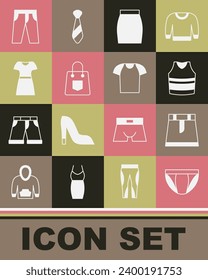 Set Men underpants, Skirt, Undershirt, Handbag, Woman dress, Pants and T-shirt icon. Vector