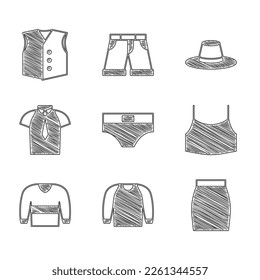Set Men underpants, Sweater, Skirt, Female crop top, Shirt, Man hat and Waistcoat icon. Vector