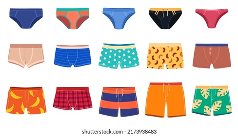 A set of men underpants and swimming trunks of various models. Clothes for the beach, underwear. Vector illustration svg