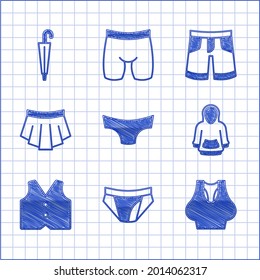 Set Men underpants, Undershirt, Hoodie, Waistcoat, Skirt, Short or and Umbrella icon. Vector