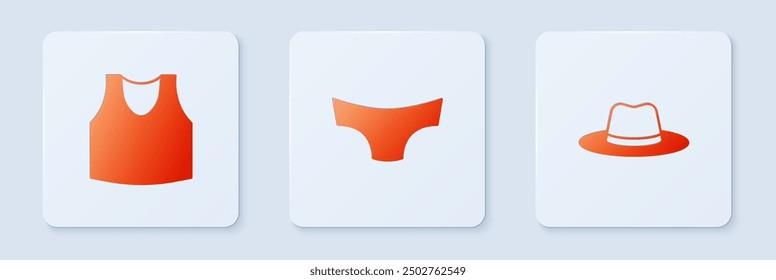 Set Men underpants, Undershirt and Man hat. White square button. Vector