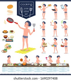 A set of men in underwear about cooking.There are actions that are cooking in various ways in the kitchen.It's vector art so it's easy to edit.