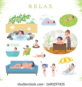 A set of men in underwear about relaxing.There are actions such as vacation and stress relief.It's vector art so it's easy to edit.