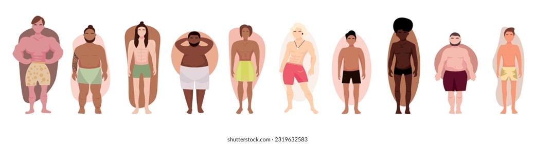 Set of men in underwear with different types of body shape on wh