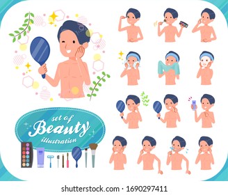 A set of men in underwear on beauty.There are various actions such as skin care and makeup.It's vector art so it's easy to edit.