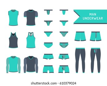 Set of men underwear is painted in flat style. Banner design depicting various types of underwear, socks and t-shirts. Flat clothing icons isolated on white background.