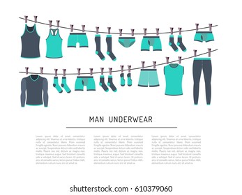 Set of men underwear is painted in flat style. Banner design depicting various types of underwear, socks and t-shirts. Flat clothing icons isolated on white background.