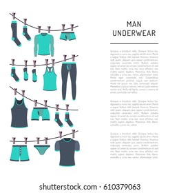 Set of men underwear is painted in flat style. Banner design depicting various types of underwear, socks and t-shirts. Flat clothing icons isolated on white background.