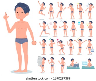 A set of men in underwear with who express various emotions.There are actions related to workplaces and personal computers.It's vector art so it's easy to edit.