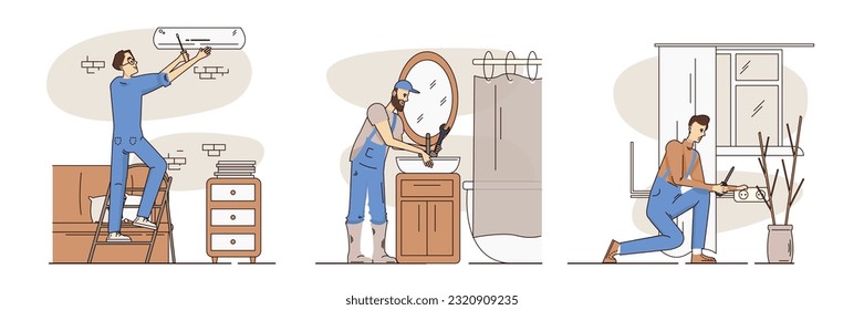 Set of men in uniform carry out repairs in apartment. Man holding screwdriver and repairing air conditioner. Replacement of plumbing and repair of outlets. Flat vector illustration