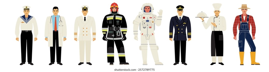 set of men in uniforms of different professions isolated on a white background. a flat cartoon-style drawing. stock vector illustration. EPS 10.