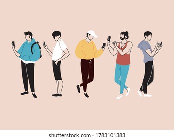 set of men using smartphone, men with mobiles devices vector illustration design