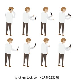 Set of Men using smartphones in different basic positions and postures.