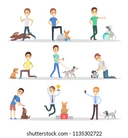 Set of men walking, playing and training their cute dogs. Boys taking care of the pets. Dog owners. Isolated flat vector illustration
