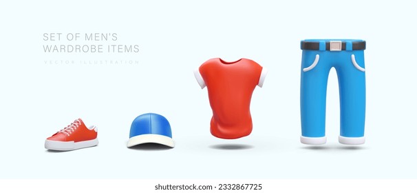 Juego de artículos de guardarropa para hombres. Objetos 3D de colores con sombras. Sneakers, gorra de béisbol, camiseta, vaqueros. El equipamiento diario con estilo deportivo. Ilustraciones en rojo y azul