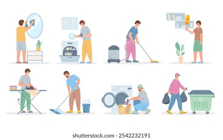 Set of Men Washing Dishes, clothes, mirror and floor, Vacuuming and ironing. People doing housework. Vector male character illustrations on white background. 