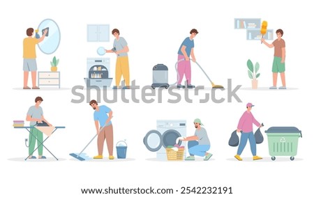 Set of Men Washing Dishes, clothes, mirror and floor, Vacuuming and ironing. People doing housework. Vector male character illustrations on white background. 