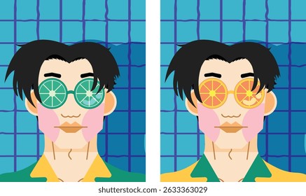 A set of men is wearing a bright color shirts and sunglasses made of orange in a pool background.