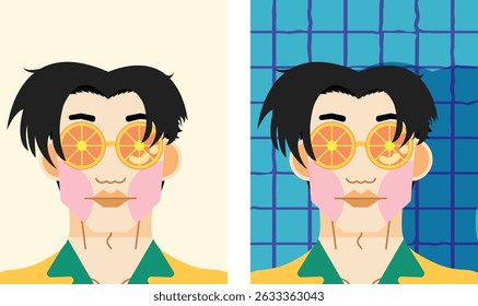 A set of men is wearing a bright color shirts and sunglasses made of orange in a pool and isolated background.