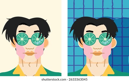 Un conjunto de hombres lleva camisas de colores brillantes y gafas de sol hechas de naranja en una piscina y fondo aislado.
