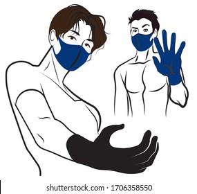 Set of men wearing face masks and gloves isolated on white background. Stencil. Template. Perfect for announcement in little shops or for logo. 