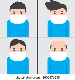Männer, die Masken tragen, um die Verunreinigung der Luft durch das Grippevirus durch die Luft zu verhindern. Vektorgrafik
