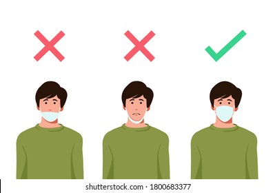 Set of men wearing medical mask in the wrong way with red cross symbol, one men wearing medical mask properly with   green check mark, protection concept, prevent virus, vector illustration 