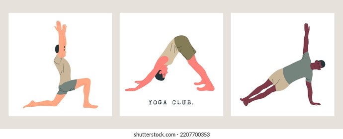 Set of men wearing sportswear doing Yoga. Young slim guys doing yoga. Hand drawn colored Vector illustrations. Motivation. Health care and lifestyle concept. Male yoga. 