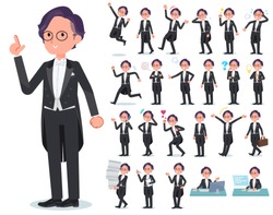A Set Of Men Wearing A Tail-coat With Who Express Various Emotions.There Are Actions Related To Workplaces And Personal Computers.It's Vector Art So It's Easy To Edit.
