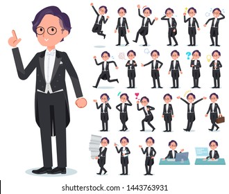 A set of men wearing a tail-coat with who express various emotions.There are actions related to workplaces and personal computers.It's vector art so it's easy to edit.
