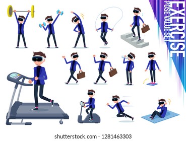 A set of men wearing virtual reality goggles on exercise and sports.There are various actions to move the body healthy.It's vector art.