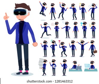 A set of men wearing virtual reality goggles with who express various emotions.There are actions related to workplaces and personal computers.It's vector art.