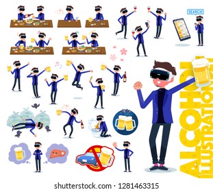 A set of men wearing virtual reality goggles related to alcohol.There is a lively appearance and action that expresses failure about alcohol.It's vector art.
