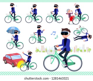 A set of men wearing virtual reality goggles riding a city cycle.There are actions on manners and troubles.It's vector art.