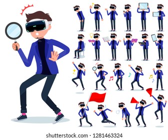 A set of men wearing virtual reality goggles with digital equipment such as smartphones.There are actions that express emotions.It's vector art.