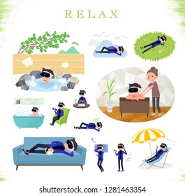 A set of men wearing virtual reality goggles about relaxing.There are actions such as vacation and stress relief.It's vector art.