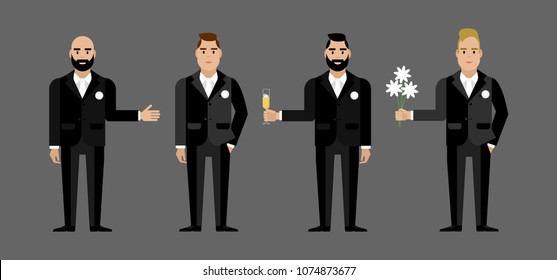 Set of men in wedding suits. Characters flat geometric design.