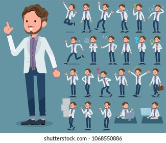 A set of men with who express various emotions.
There are actions related to workplaces and personal computers.
It's vector art so it's easy to edit.