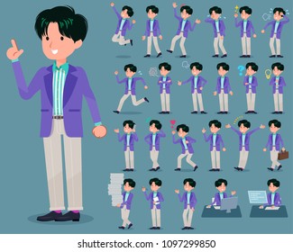 A set of men with who express various emotions.
There are actions related to workplaces and personal computers.
It's vector art so it's easy to edit.