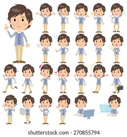 A set of men with who express various emotions.
There are actions related to workplaces and personal computers.
It's vector art so it's easy to edit.